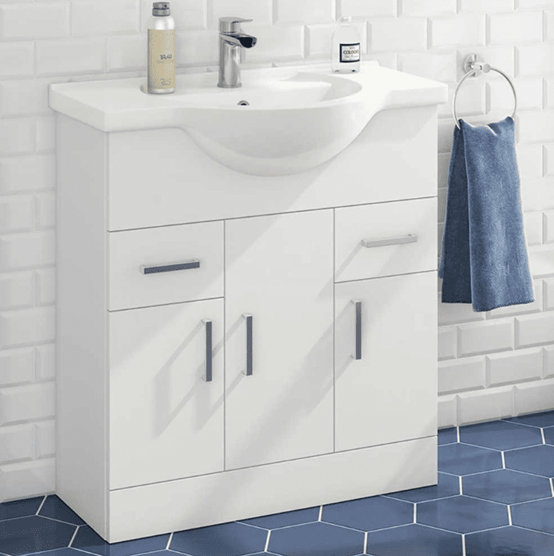 3 Door 2 Drawer Gloss White Floor Vanity Unit With Round Ceramic Basin