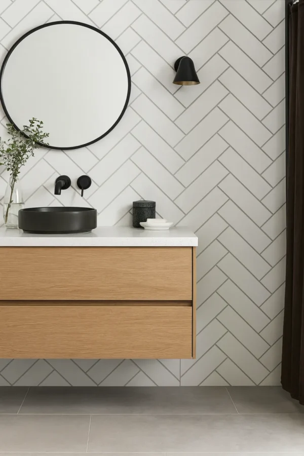Grout Line White Herringbone 1m x 2400mm x 10mm Wet Wall Panels